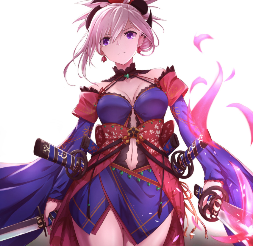 1girl breasts center_opening cowboy_shot detached_collar dual_wielding fate/grand_order fate_(series) hair_ornament highres holding long_sleeves looking_at_viewer magatama miyamoto_musashi_(fate/grand_order) navel navel_cutout pink_hair sakaokasan sheath sheathed simple_background solo sword updo violet_eyes weapon white_background