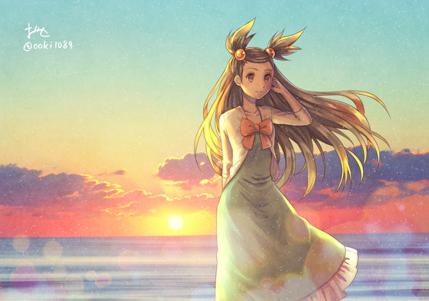 1girl arm_behind_back blue_dress brown_eyes brown_hair closed_mouth clouds collarbone dress floating_hair hair_ornament hand_in_hair long_dress long_hair mikan_(pokemon) ocean ooki1089 orange_neckwear outdoors pokemon pokemon_(game) pokemon_gsc smile snake solo sundress sunset two_side_up very_long_hair white_snake wind wind_lift