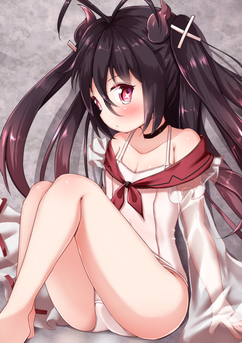 1girl antenna_hair azur_lane bangs bare_legs bare_shoulders barefoot black_hair blush brown_hair closed_mouth commentary_request curled_horns eyebrows_visible_through_hair gradient_hair hair_between_eyes hair_ornament highres horns i-168_(azur_lane) knees_up long_sleeves looking_at_viewer mochiyuki multicolored_hair neckerchief off_shoulder one-piece_swimsuit red_eyes red_neckwear ribbon-trimmed_sleeves ribbon_trim school_swimsuit see-through see-through_sleeves sitting sleeves_past_fingers sleeves_past_wrists solo swimsuit symbol-shaped_pupils two_side_up white_swimsuit wide_sleeves x_hair_ornament