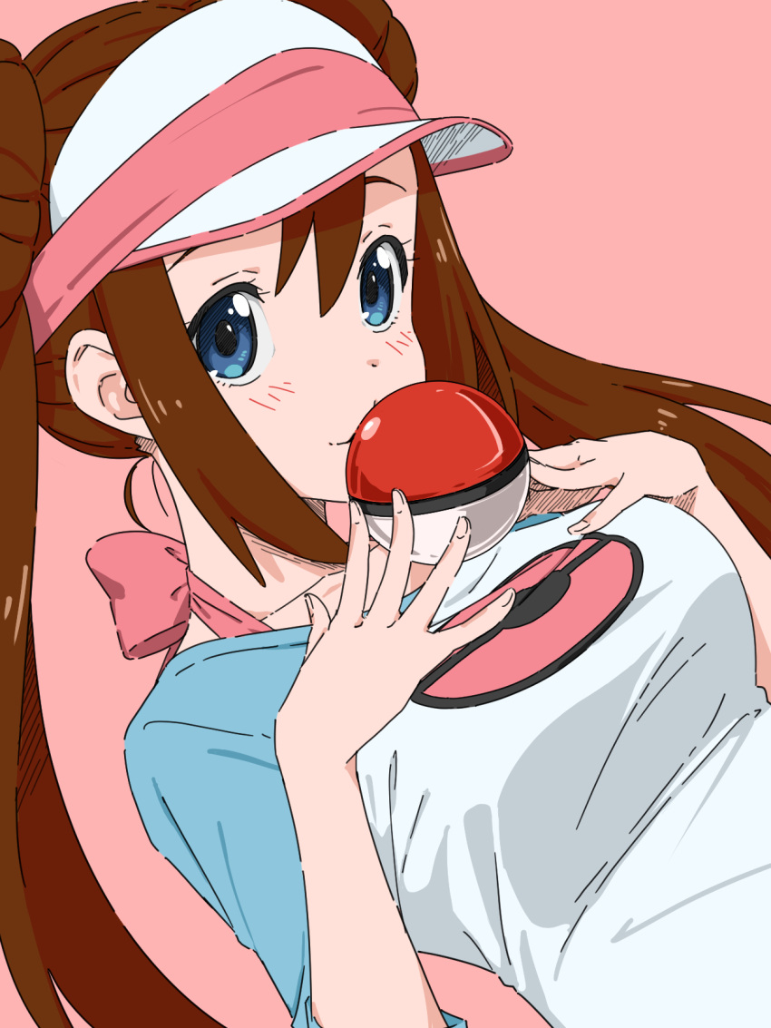 1girl blue_eyes blush breasts brown_hair double_bun dr._gero_(staedtler_0508) half-closed_eyes hands_on_own_chest highres low_twintails medium_breasts mei_(pokemon) pink_background poke_ball pokemon pokemon_(game) shirt simple_background smile twintails upper_body