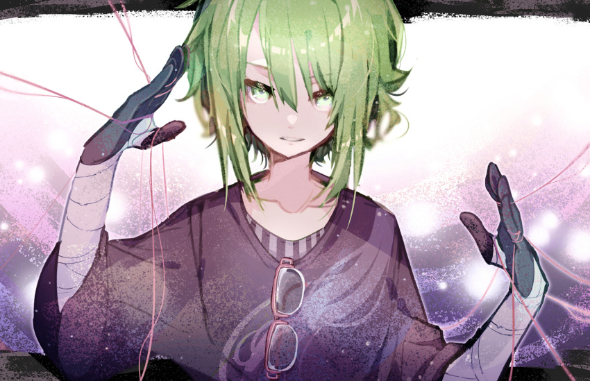 1girl bandaged_arm bandages black_shirt collarbone commentary eyewear_hang eyewear_removed glasses green_eyes green_hair gumi hands_up highres looking_at_viewer shirt short_hair_with_long_locks solo string string_around_finger t-shirt upper_body vocaloid wanaxtuco