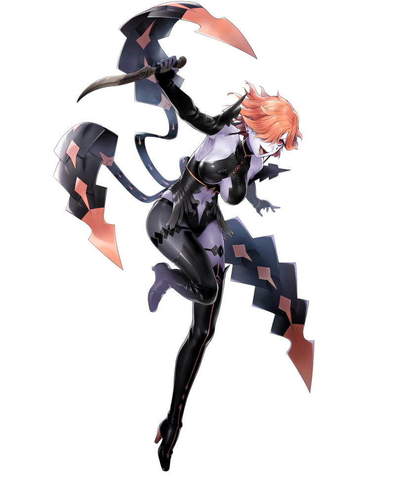 1girl bare_shoulders boots breasts center_opening dagger earrings elbow_gloves facial_mark fingerless_gloves fire_emblem fire_emblem:_three_houses fire_emblem_heroes gloves hair_over_one_eye high_heel_boots high_heels highres holding holding_weapon jewelry kronya kyuusugi_toku leg_up leotard lips official_art open_mouth orange_hair red_eyes reverse_grip shiny shiny_hair short_hair solo thigh-highs thigh_boots transparent_background weapon