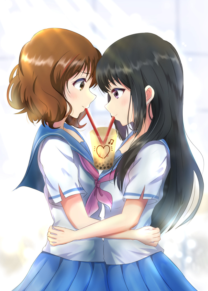 2girls black_eyes black_hair blue_sailor_collar blue_skirt blush brown_eyes brown_hair bubble_tea_challenge drinking drinking_straw eye_contact from_side hibike!_euphonium highres kousaka_reina long_hair looking_at_another multiple_girls oumae_kumiko pink_neckwear pleated_skirt sailor_collar school_uniform shiny shiny_hair shirt short_sleeves skirt so_korokoro standing straight_hair very_long_hair white_shirt yuri