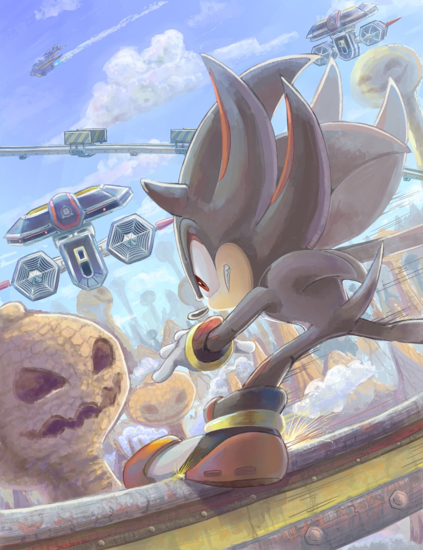 1boy artist_request blue_sky clenched_teeth clouds flying grinding highres mountain pumpkin railing robot shadow_the_hedgehog sky sonic_adventure_2 sonic_the_hedgehog teeth