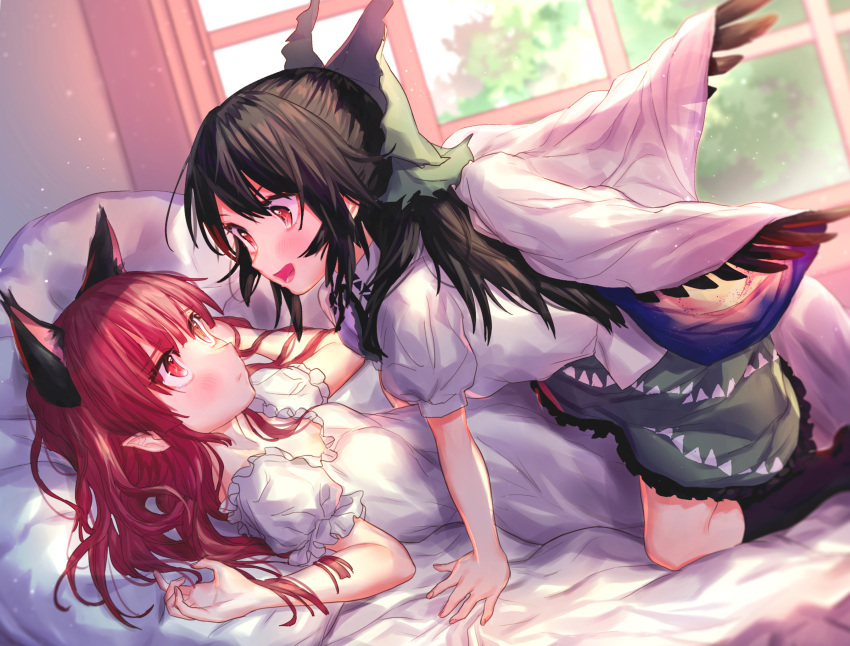 2girls :d alternate_hairstyle animal_ears bangs bed black_hair black_legwear black_wings blush bow breasts cape cat_ears commentary_request dress dutch_angle eye_contact eyebrows_visible_through_hair feathered_wings feet_out_of_frame green_bow green_skirt hair_between_eyes hair_bow hair_down hands_up highres indoors kaenbyou_rin kneehighs kneeling long_hair looking_at_another lying masanaga_(tsukasa) medium_breasts miniskirt multiple_girls on_back open_mouth pillow puffy_short_sleeves puffy_sleeves red_eyes redhead reiuji_utsuho shirt short_sleeves sidelocks skirt smile touhou white_cape white_dress white_shirt window wings yuri