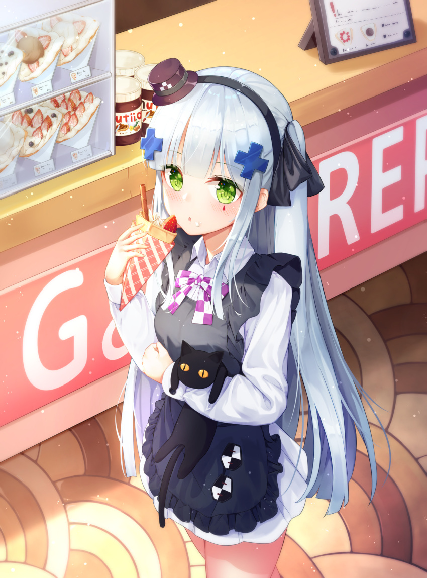 1girl :o animal animal_hug apron black_apron black_cat black_hairband black_ribbon blue_hair blush brand_name_imitation breasts brown_headwear cat commentary_request crepe facial_mark fingernails food food_on_face frilled_apron frills girls_frontline hair_ornament hair_ribbon hairband hand_up hat highres hk416_(girls_frontline) holding holding_food korean_commentary long_hair long_sleeves looking_at_viewer mini_hat nutella parted_lips pleated_skirt ribbon seero shirt skirt small_breasts solo standing tilted_headwear two_side_up very_long_hair white_shirt white_skirt