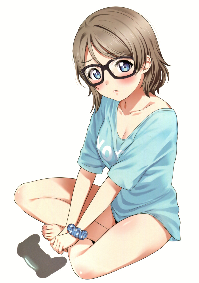 1girl absurdres aqua_shirt bare_legs barefoot bespectacled black-framed_eyewear blue_eyes blush bottomless brown_hair clothes_writing collarbone controller covered_nipples frown game_controller gamepad glasses highres indian_style looking_at_viewer love_live! love_live!_sunshine!! naked_shirt no_bra polka_dot polka_dot_scrunchie rozen5 scan scrunchie shirt short_hair simple_background sitting solo sweatdrop t-shirt watanabe_you white_background wrist_scrunchie