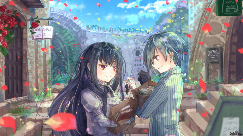 1boy 1girl arch ashgray bag black_gloves black_hair blue_sky book building clouds day door dress eye_contact flower gloves grass grey_dress grey_hair highres holding holding_bag long_hair long_sleeves looking_at_another outdoors petals psychic_hearts red_eyes shirt sky smile standing striped upper_body vertical_stripes violet_eyes wall watermark white_shirt