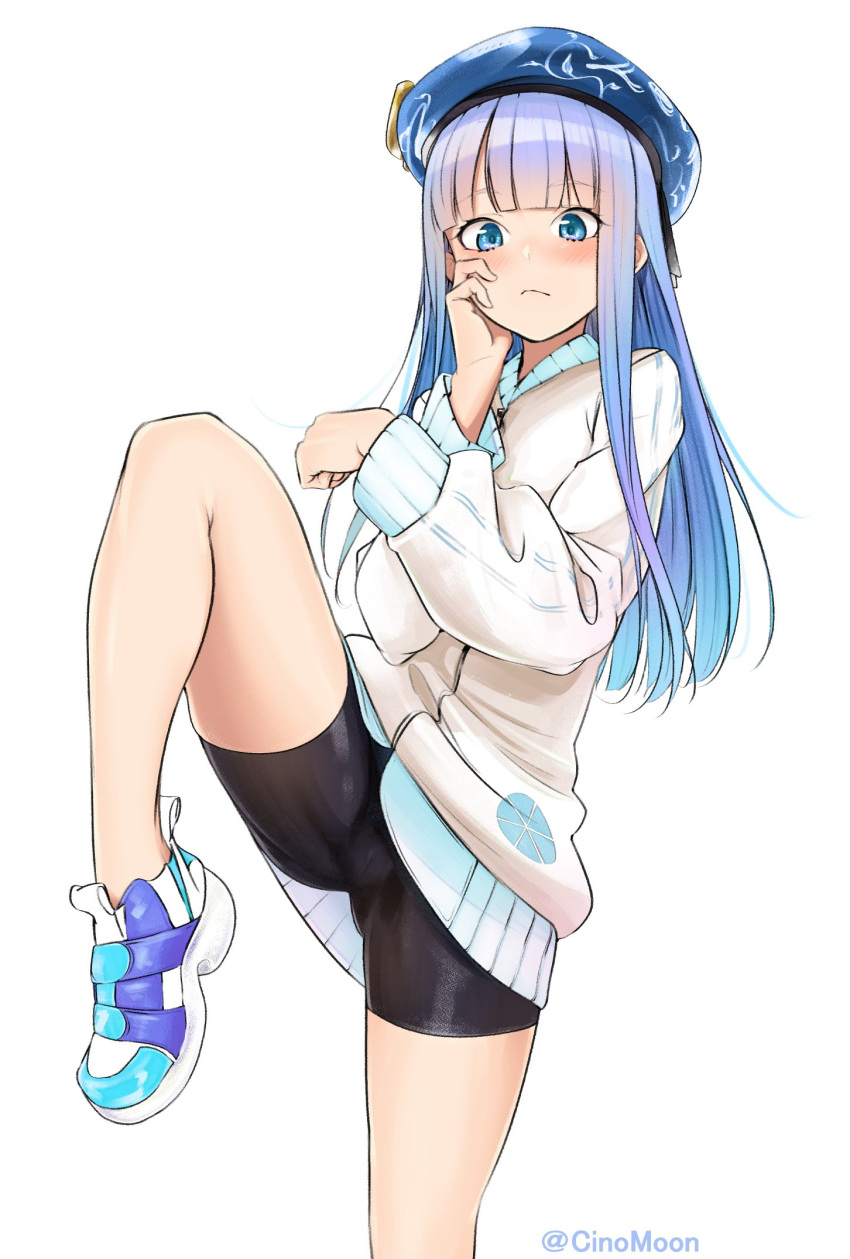 1girl alternate_costume bangs bike_shorts blue_eyes blue_hair blunt_bangs blush closed_mouth eyebrows_visible_through_hair eyelashes hat hatsukaze_(kantai_collection) highres jacket kantai_collection leg_lift long_hair long_sleeves shoes shorts simple_background sneakers solo tatsu_shinomu twitter_username white_background