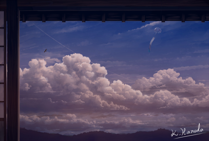 alu.m_(alpcmas) bird blue_sky clouds condensation_trail hill horizon no_humans original scenery sky sliding_doors wind_chime