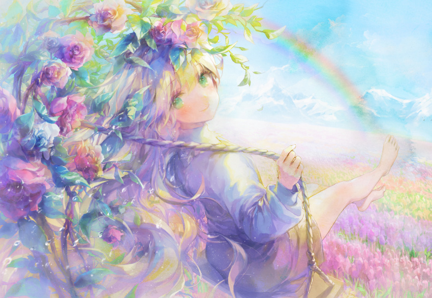 1girl 888myrrh888 bangs barefoot blue_dress blue_sky blush closed_mouth clouds cloudy_sky commentary_request day dress eyebrows_visible_through_hair field flower flower_field green_eyes green_hair hair_between_eyes hair_flower hair_ornament long_sleeves looking_at_viewer looking_to_the_side mountain original outdoors pink_flower pink_rose puffy_long_sleeves puffy_sleeves rose sitting sky sleeves_past_wrists smile solo swing