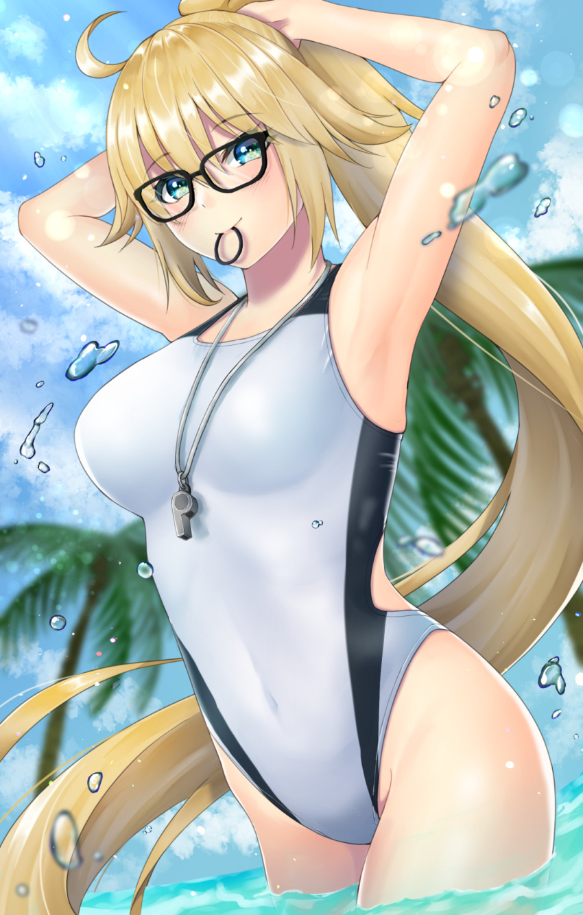1girl arms_behind_head black-framed_eyewear blonde_hair blue_eyes blue_sky blurry clouds commentary_request competition_swimsuit cowboy_shot day depth_of_field fate/grand_order fate_(series) glasses highres hinata_minami jeanne_d'arc_(fate)_(all) jeanne_d'arc_(swimsuit_archer) long_hair looking_at_viewer mouth_hold one-piece_swimsuit outdoors palm_tree ponytail rubber_band sky smile solo swimsuit tree twintails tying_hair water whistle whistle_around_neck white_swimsuit