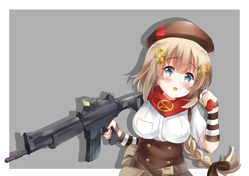 1girl absurdres arm_warmers assault_rifle belt_pouch beret blue_eyes blush braid breasts chocolate_bar fn_fnc fnc_(girls_frontline) girls_frontline gradient gradient_background grandapple71 gun hair_ornament hairclip hat highres long_hair looking_at_viewer namesake open_mouth portrait pouch ribbon rifle scarf simple_background solo weapon