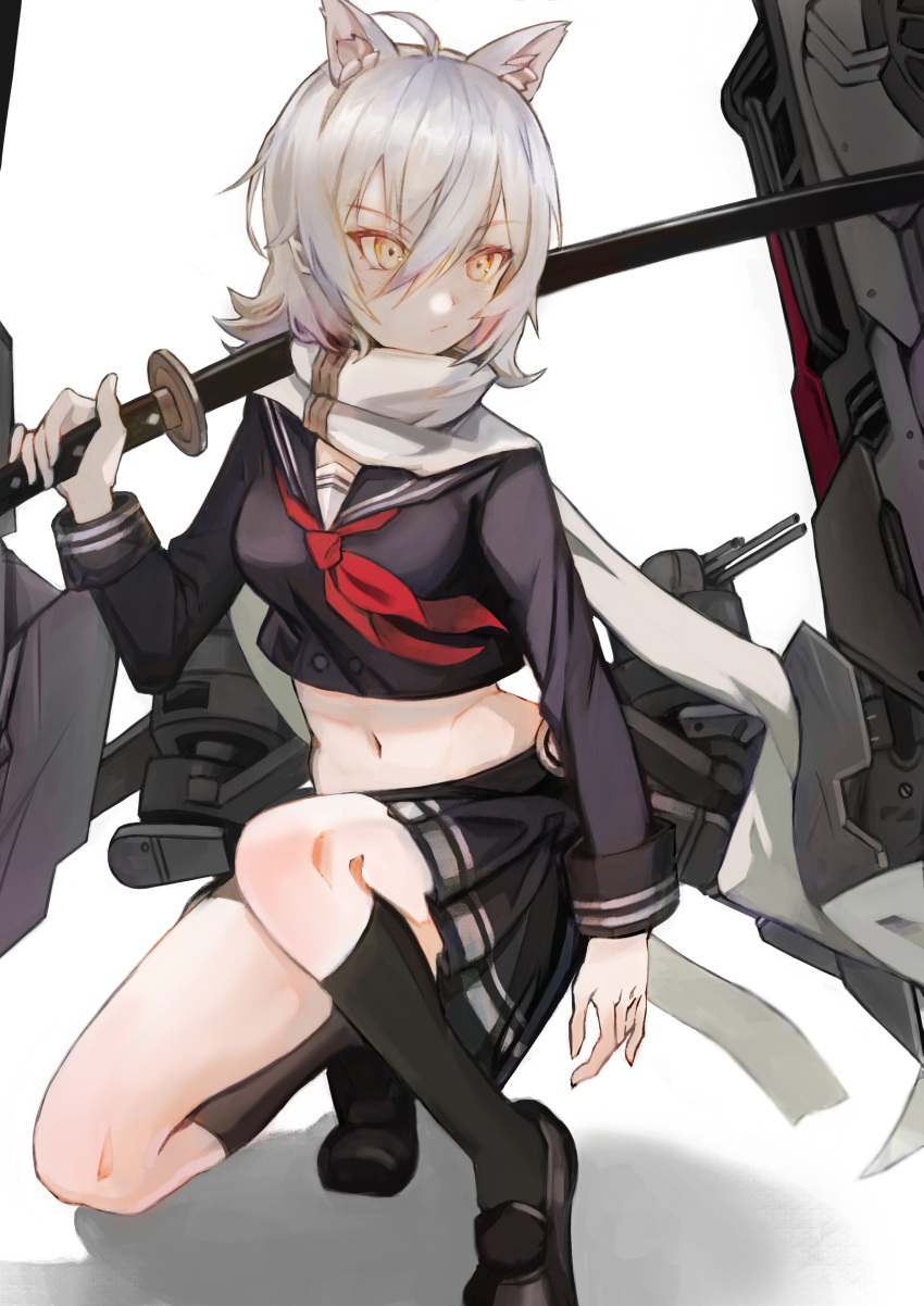 1girl absurdres akira_(aristole) animal_ears azur_lane bangs black_skirt hair_between_eyes highres long_sleeves maya_(azur_lane) navel pleated_skirt rigging scarf school_uniform serafuku short_hair silver_hair skirt solo sword weapon white_scarf yellow_eyes