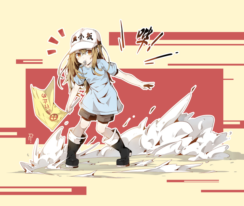 1girl bangs baseball_cap beige_background black_footwear blue_shirt boots brown_eyes brown_hair chinese_commentary clothes_writing collarbone commentary_request flag full_body grey_shorts hair_between_eyes hat hataraku_saibou highres holding holding_flag long_hair looking_at_viewer mouth_hold platelet_(hataraku_saibou) shirt short_sleeves shorts sidelocks simple_background solo standing suaynnai_wanzi translated whistle white_headwear