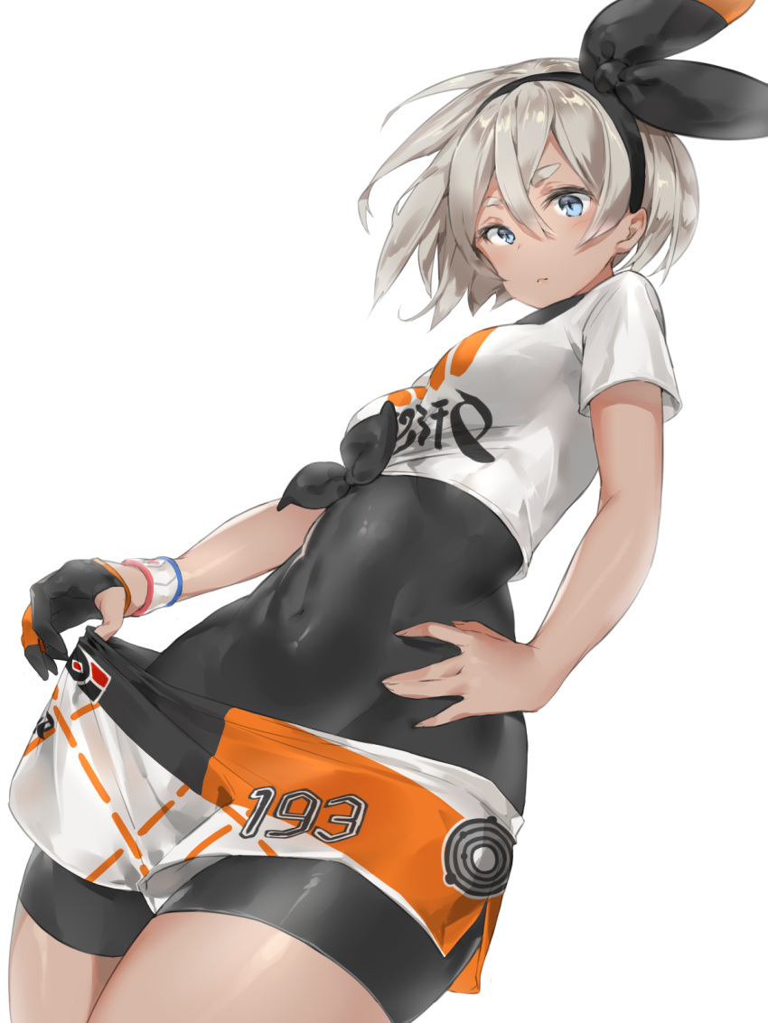 1girl abs black_bodysuit black_gloves blue_eyes bodysuit bodysuit_under_clothes breasts covered_navel cowboy_shot crop_top dark_skin expressionless gloves hair_between_eyes hairband hand_on_hip highres hinako_(anzu15) looking_at_viewer medium_breasts orange_gloves pokemon pokemon_(game) pokemon_swsh saitou_(pokemon) shirt short_hair short_shorts short_sleeves shorts shorts_pull silver_hair simple_background single_glove skin_tight solo taut_clothes thick_eyebrows thighs tied_shirt two-tone_gloves white_background wristband