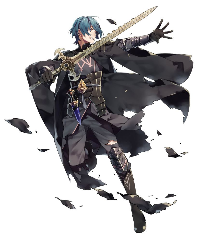 1boy 88_taho aqua_hair armor bangs black_pants blue_eyes byleth byleth_(male) clenched_teeth dagger fire_emblem fire_emblem:_three_houses fire_emblem_heroes full_body gauntlets gloves highres holding holding_sword holding_weapon long_sleeves looking_away male_focus official_art pants parted_lips shiny shiny_skin short_hair solo sword teeth torn_clothes torn_pants transparent_background weapon