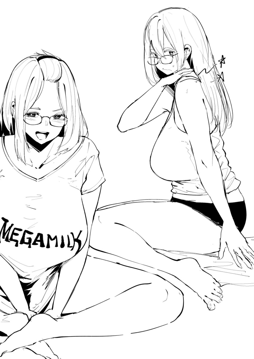 1girl barefoot breasts closed_mouth collarbone english_commentary glasses greyscale hair_between_eyes hair_pulled_back highres inne_sulistya_robin large_breasts long_hair mega_milk monochrome norman_maggot open_mouth original shirt short_sleeves sitting t-shirt tank_top thighs