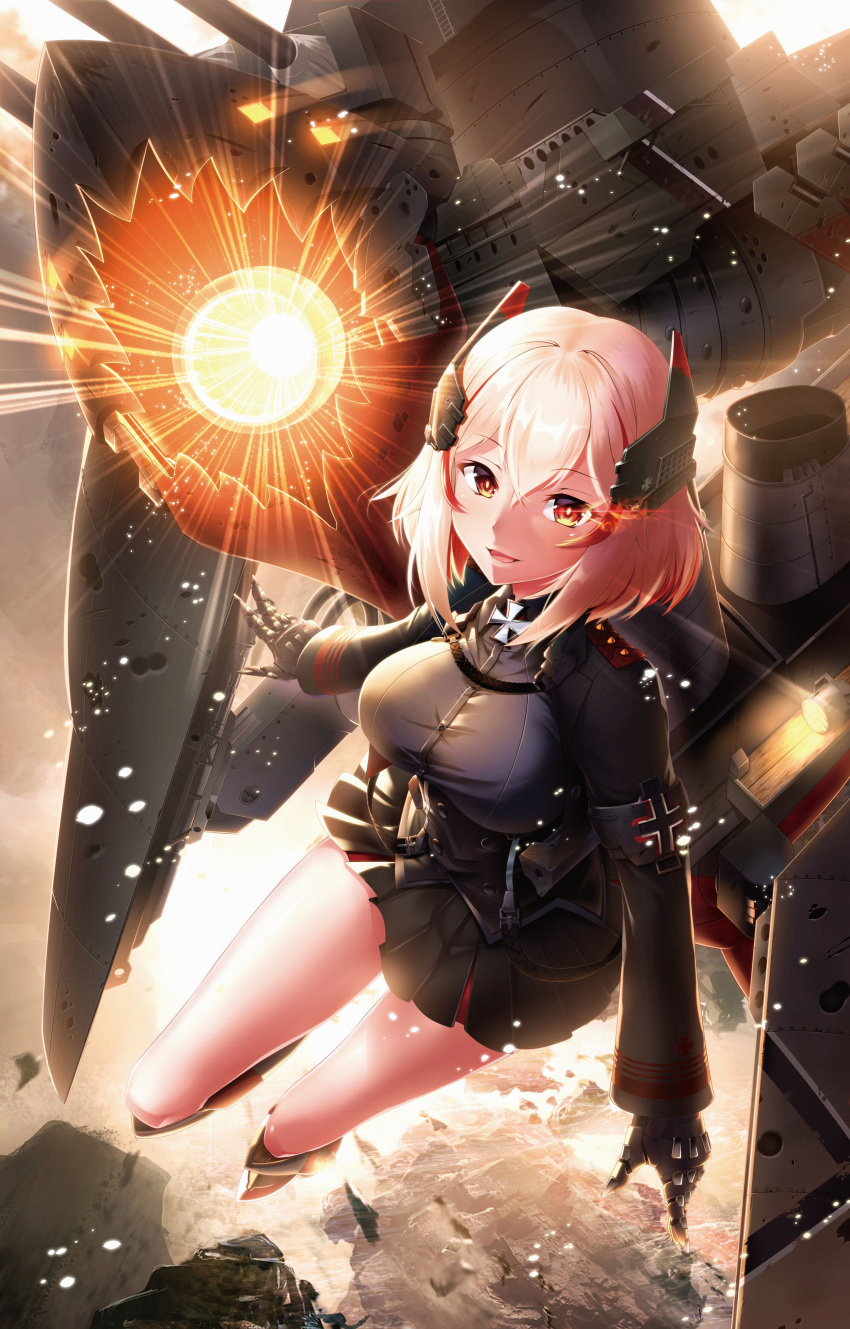 1girl absurdres armband azur_lane bangs black_footwear black_skirt blonde_hair boots breasts commentary_request eyebrows_visible_through_hair from_above hair_between_eyes headgear highres iron_cross large_breasts long_sleeves looking_at_viewer mechanical_hands military military_uniform multicolored_hair open_mouth pleated_skirt red_eyes rigging roon_(azur_lane) short_hair skirt smile solo streaked_hair tenten_(reliance0410) uniform