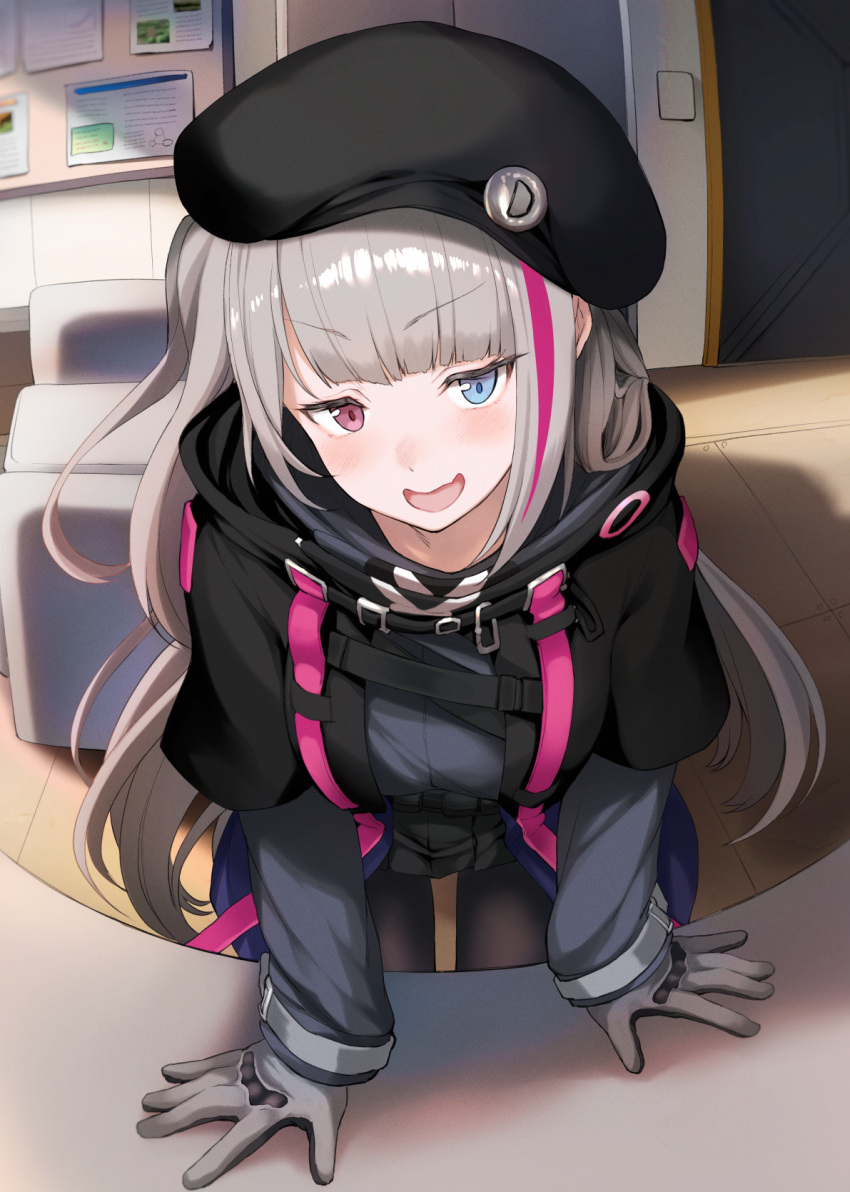 1girl bangs beret black_headwear black_legwear blue_eyes commentary_request eyebrows_visible_through_hair girls_frontline gloves green_hair hat heterochromia highres indoors jacket leaning_forward long_hair long_sleeves looking_at_viewer mdr_(girls_frontline) multicolored_hair open_mouth pantyhose pink_hair red_eyes solo streaked_hair tactical_clothes tobimura