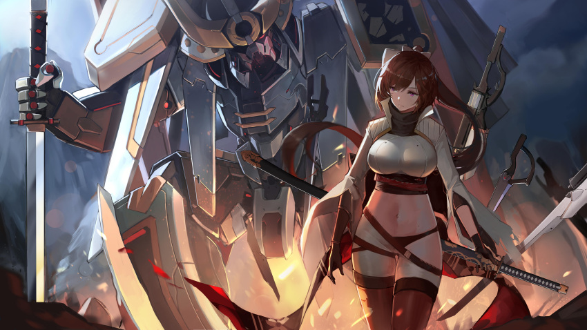 1girl absurdres architecture artist_request asymmetrical_shorts aya_kujyou_(final_gear) aya_kyoujo bangs black_gloves black_legwear blue_scarf blush breasts brown_hair closed_mouth crop_top final_gear fire floating_hair floating_weapon flower glint gloves gunblade hair_ribbon highres holding holding_sword holding_weapon jacket katana large_breasts long_hair looking_away mecha multiple_straps pantyhose petals ponytail red_eyes red_flower ribbon scarf sheath sheathed shorts shrug_(clothing) sidelocks snap-fit_buckle solo sword taut_clothes thigh_strap very_long_hair weapon white_jacket white_ribbon white_shorts wide_sleeves wind