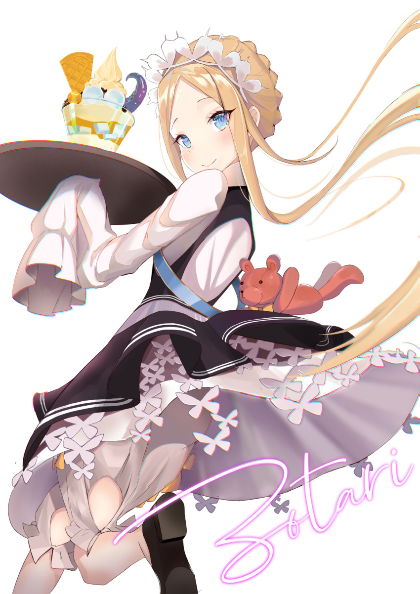 1girl abigail_williams_(fate/grand_order) bangs black_dress black_footwear blonde_hair blush braid commentary_request dress fate/grand_order fate_(series) food highres holding ice long_hair looking_at_viewer maid maid_dress parted_bangs shoes signature simple_background sleeves_past_fingers sleeves_past_wrists smile solo stuffed_animal stuffed_toy teddy_bear tentacles waffle white_background white_dress zotari