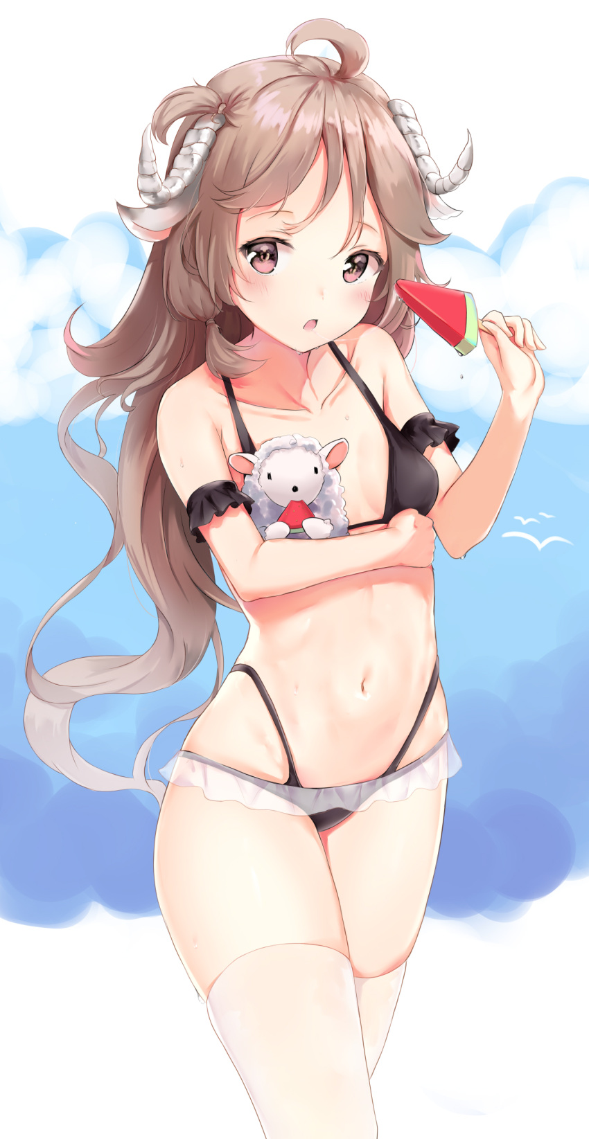 1girl absurdres ahoge animal animal_ears arknights bare_shoulders bikini black_bikini breasts brown_hair carrying collarbone commentary_request curled_horns eyjafjalla_(arknights) filings_(ailuo_c) food fruit gradient_hair highleg highleg_bikini highres holding long_hair looking_at_viewer multicolored_hair navel parted_lips red_eyes sheep skindentation small_breasts solo standing swimsuit thigh-highs thighs very_long_hair watermelon wavy_hair wet white_legwear