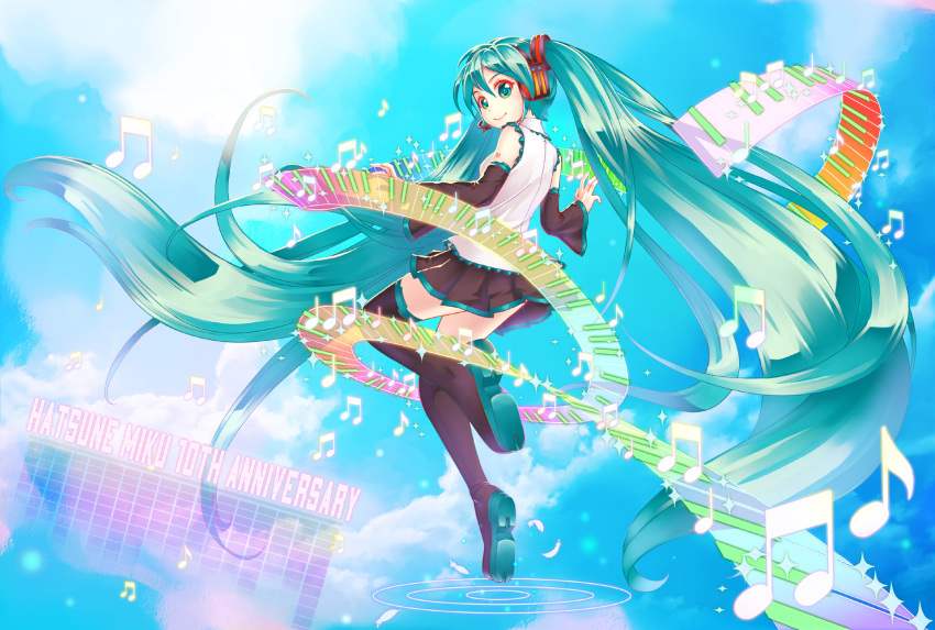 1girl black_footwear black_skirt black_sleeves blue_hair blue_sky boots closed_mouth clouds crazypen detached_sleeves floating_hair frilled_shirt frills from_behind full_body green_eyes hair_between_eyes hair_ornament hatsune_miku highres long_hair long_sleeves looking_at_viewer microphone miniskirt musical_note pleated_skirt shiny shiny_hair shirt skirt sky sleeveless sleeveless_shirt smile solo sunlight thigh-highs thigh_boots very_long_hair vocaloid white_shirt zettai_ryouiki
