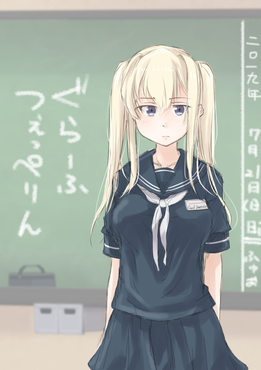 1girl alternate_costume blonde_hair blue_serafuku blue_skirt blurry chalkboard classroom classroom_eraser commentary_request cowboy_shot depth_of_field fyuo graf_zeppelin_(kantai_collection) grey_eyes hair_between_eyes highres id_card indoors kantai_collection looking_at_viewer school_uniform serafuku short_sleeves sidelocks skirt solo standing translated tsurime twintails