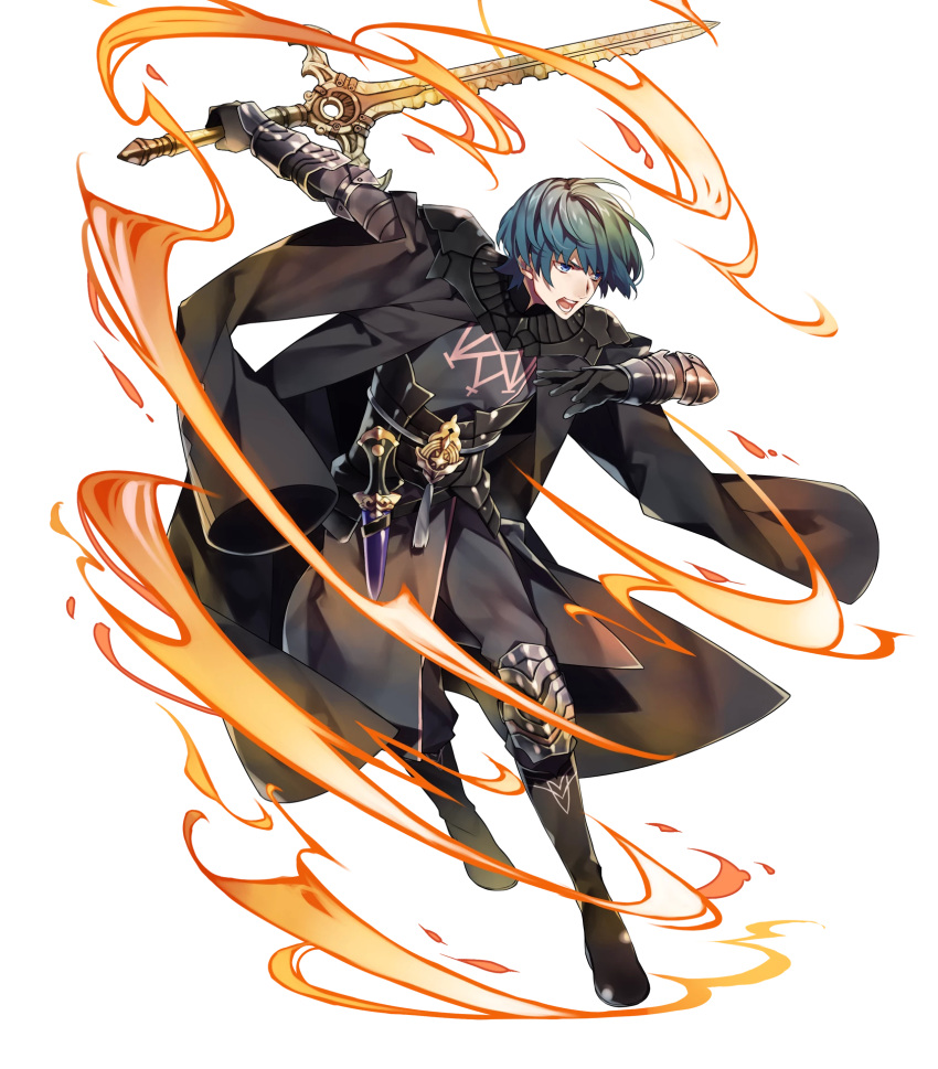 1boy 88_taho aqua_hair armor bangs black_pants blue_eyes byleth byleth_(male) dagger fire_emblem fire_emblem:_three_houses fire_emblem_heroes full_body gauntlets highres holding holding_sword holding_weapon long_sleeves looking_away male_focus official_art open_mouth pants reverse_grip shiny shiny_skin short_hair solo sword transparent_background weapon