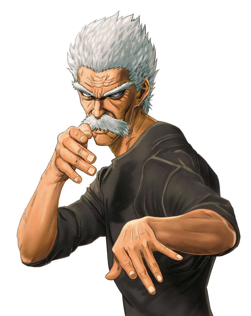 1boy bang_(one-punch_man) black_shirt facial_hair grey_eyes highres looking_at_viewer male_focus manly mustache old one-punch_man shirt silver_hair simple_background sleeves_rolled_up solo stance taka_(takahirokun) upper_body white_background
