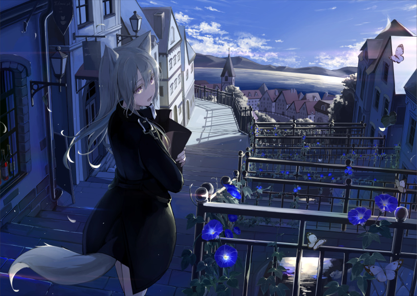 1girl animal_ears bag black_jacket blue_sky bottle bridge bug building butterfly clouds cloudy_sky commentary_request day fence flower highres holding holding_bag house insect jacket lamppost light_rays long_hair long_sleeves mikisai morning_glory mountain open_mouth original river scenery sign silver_hair sky tail town violet_eyes walking