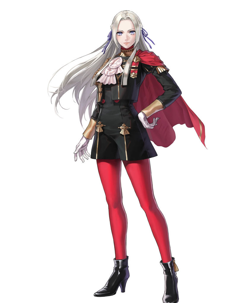 1girl ankle_boots black_footwear boots cape closed_mouth edelgard_von_hresvelgr_(fire_emblem) female fire_emblem fire_emblem:_three_houses fire_emblem_heroes full_body gloves hair_ribbon hand_on_hip high_heel_boots high_heels highres long_hair long_sleeves military military_uniform pantyhose parted_bangs purple_ribbon red_cape red_legwear red_pantyhose ribbon shoes simple_background solo standing suda_ayaka transparent_background uniform white_gloves