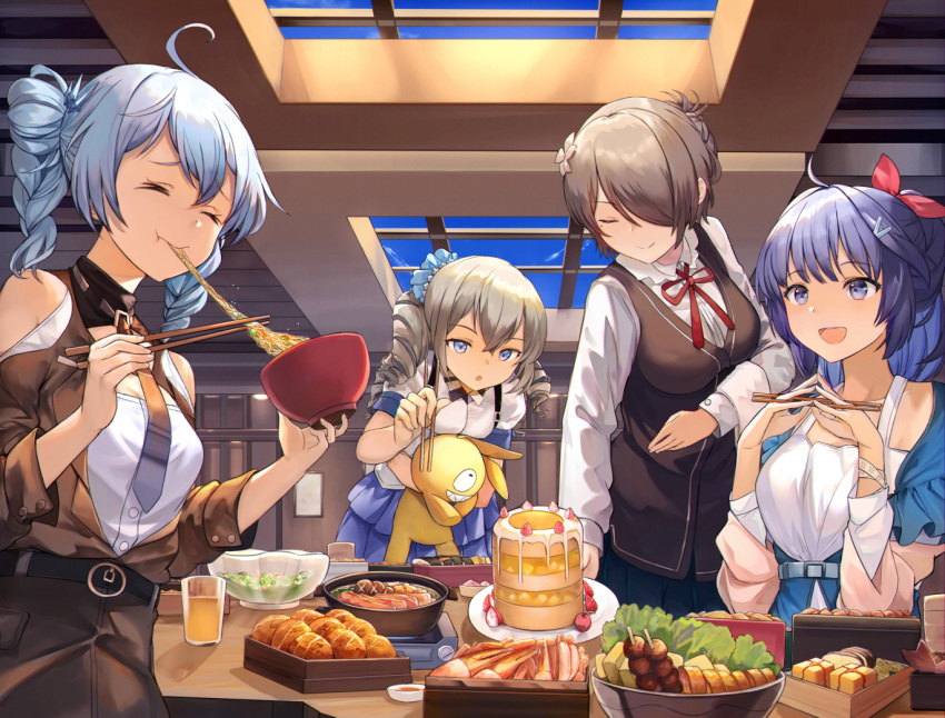 4girls :d :o ahoge bangs blue_eyes blue_hair blue_ribbon blue_skirt blue_sky blush bowl braid breasts bronya_zaychik brown_hair brown_jacket character_request chopsticks closed_eyes closed_mouth collarbone commentary_request day dress drinking_straw eating eyebrows_visible_through_hair flower food fruit hair_between_eyes hair_flower hair_ornament hair_over_one_eye hair_ribbon hairclip hands_up holding holding_bowl holding_chopsticks homu_(honkai_impact) honkai_(series) honkai_impact_3rd indoors jacket layered_skirt leaning_forward long_hair long_sleeves medium_breasts mosta_(lo1777789) multiple_girls neck_ribbon object_hug open_mouth parted_lips pleated_skirt red_ribbon ribbon rita_rossweisse shirt shoulder_cutout skirt sky sleeveless sleeveless_dress small_breasts smile strawberry stuffed_animal stuffed_bunny stuffed_toy transparent twin_braids twintails white_dress white_flower white_shirt window