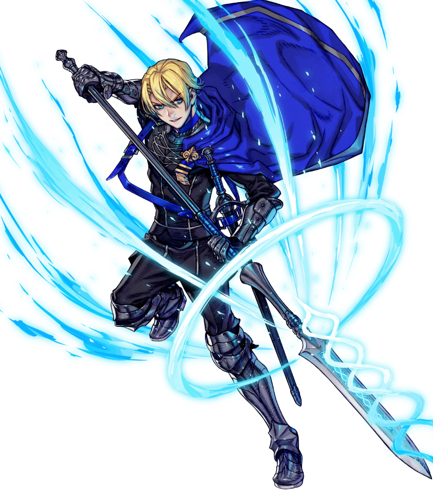 1boy armor armored_boots blonde_hair blue_eyes boots cape dimitri_alexandre_bladud_(fire_emblem) fire_emblem fire_emblem:_three_houses fire_emblem_heroes fujisaka_kimihiko full_body gauntlets gloves highres long_sleeves male_focus official_art pants polearm short_hair solo spear sword transparent_background weapon