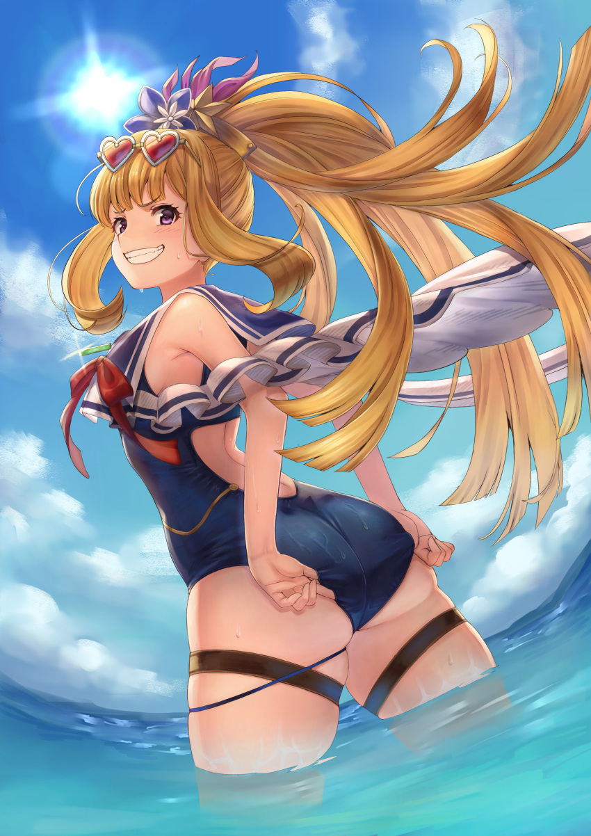 1girl absurdres ass bangs bare_shoulders blonde_hair blue_swimsuit blush breasts cagliostro_(granblue_fantasy) competition_swimsuit eyewear_on_head flower granblue_fantasy grin hair_flower hair_ornament heart heart-shaped_eyewear highres kent0320 long_hair looking_at_viewer looking_back ocean one-piece_swimsuit ponytail sailor_collar sidelocks small_breasts smile solo sunglasses sunlight swimsuit thigh_strap thighs violet_eyes wading water