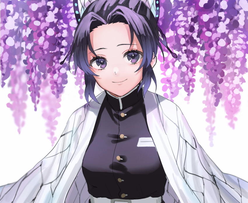 1girl antenna_hair black_jacket closed_mouth flower haori highres jacket japanese_clothes kimetsu_no_yaiba kochou_shinobu mizoochi_(stua8742) purple_hair short_hair smile solo upper_body violet_eyes wisteria