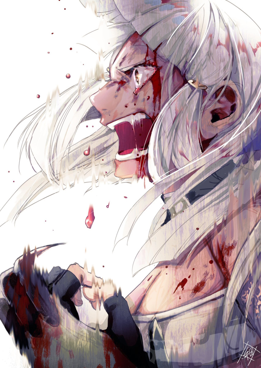 1girl blood blood_on_face bloody_tears claw_(weapon) fate/grand_order fate_(series) grey_eyes highres penthesilea_(fate/grand_order) profile roaring sasame_yuuki weapon white_background white_hair