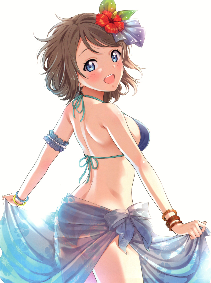 1girl absurdres arm_garter ass bare_shoulders bikini blue_bikini blue_eyes blush bow breasts brown_hair cowboy_shot eyebrows_visible_through_hair floral_print from_behind hair_bow highres looking_at_viewer looking_back love_live! love_live!_sunshine!! medium_breasts open_mouth print_sarong rozen5 sarong sarong_lift scan see-through short_hair sideboob simple_background solo standing swimsuit watanabe_you white_background