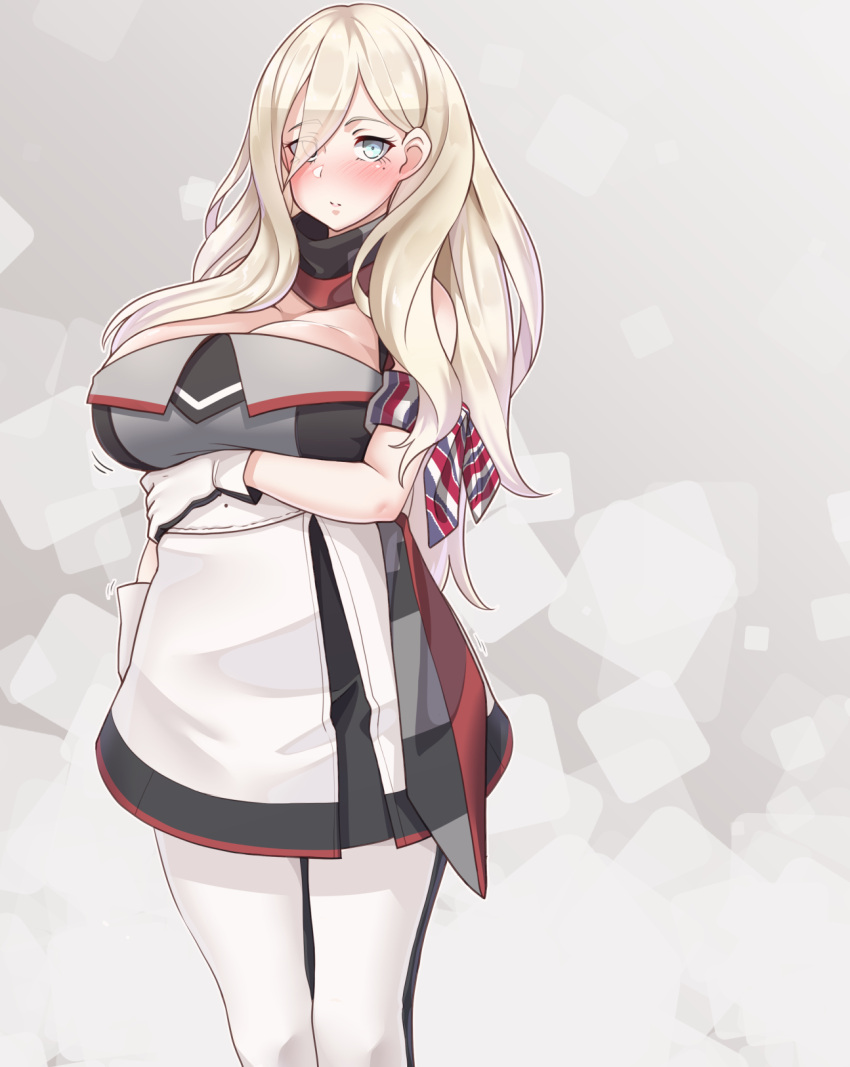 1girl arm_under_breasts armband belt blonde_hair blue_eyes blush breasts commentary_request dress eyebrows_visible_through_hair eyes_visible_through_hair gloves hair_between_eyes highres huge_breasts kantai_collection long_hair looking_at_viewer mole mole_under_eye mole_under_mouth multicolored multicolored_clothes multicolored_scarf no_headwear richelieu_(kantai_collection) ryuun_(stiil) scarf skirt solo strapless strapless_dress white_gloves white_legwear