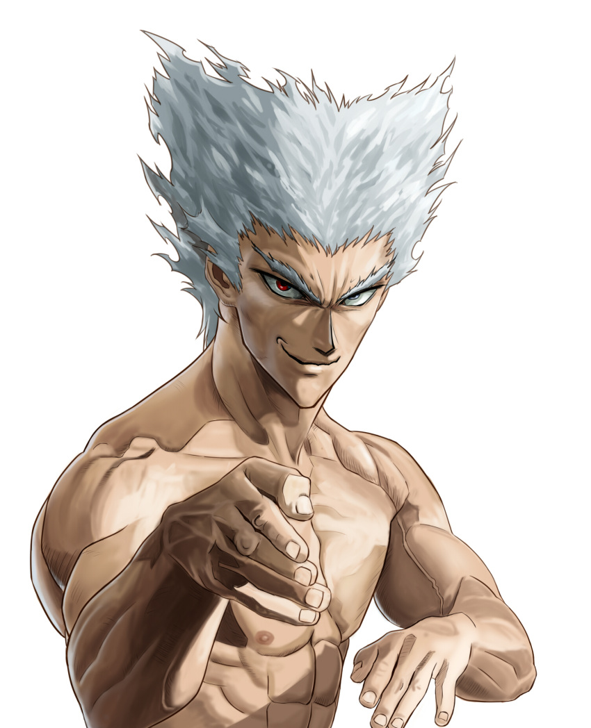 1boy closed_mouth collarbone garou_(one-punch_man) grey_eyes heterochromia highres looking_at_viewer male_focus manly muscle one-punch_man red_eyes silver_hair simple_background smile solo stance taka_(takahirokun) white_background