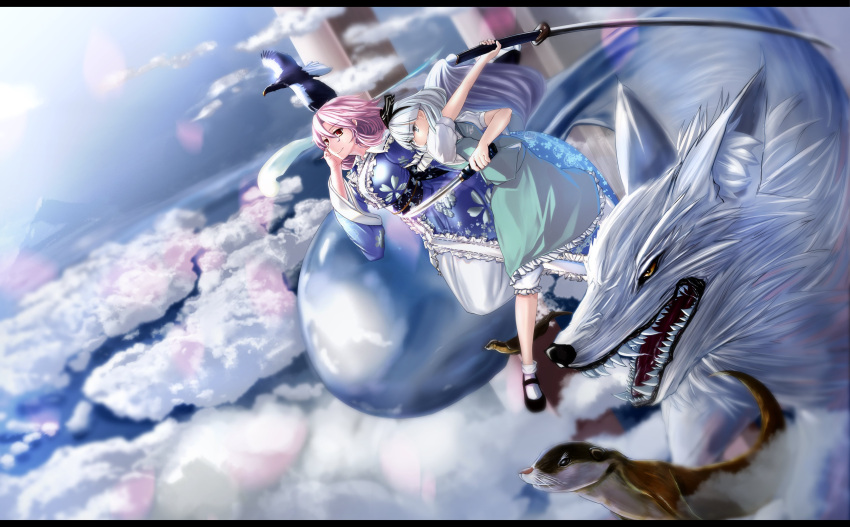 2girls above_clouds absurdres animal animal_ear_fluff bird bloomers clouds commentary_request eagle fangs floating frilled_kimono frilled_skirt frills grey_eyes hairband highres japanese_clothes karukamingu katana kimono konpaku_youmu mary_janes mountain multiple_girls no_hat no_headwear obi open_mouth otter pink_hair puffy_short_sleeves puffy_sleeves saigyouji_yuyuko sash serious shirt shoes short_hair short_sleeves short_sword silver_hair skirt sky socks sword tantou touhou underwear vest weapon wily_beast_and_weakest_creature wolf