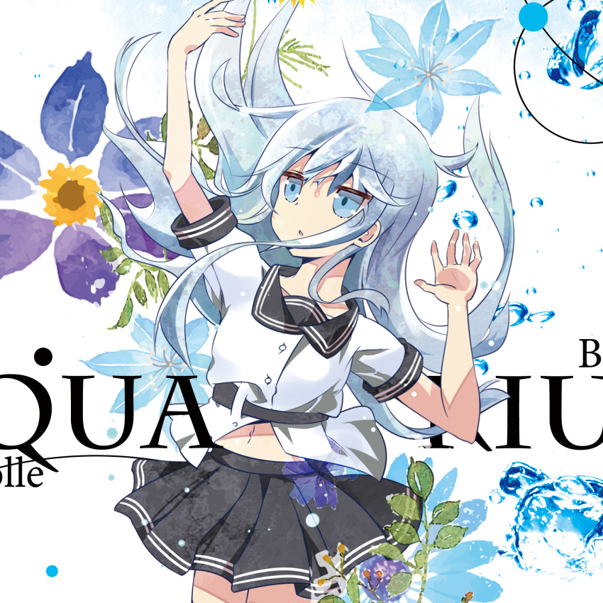 1girl arm_up background_text bangs black_sailor_collar black_skirt blue_eyes blue_flower blue_hair collarbone commentary_request eyebrows_visible_through_hair floating_hair flower hair_between_eyes hand_up hibiki_(kantai_collection) highres itotin kantai_collection long_hair looking_away looking_to_the_side looking_up navel parted_lips pleated_skirt sailor_collar school_uniform serafuku shirt short_sleeves sidelocks skirt solo verniy_(kantai_collection) very_long_hair white_shirt yellow_flower