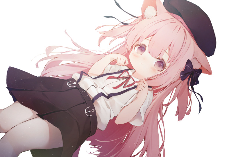 1girl animal_ear_fluff animal_ears azur_lane bangs beret black_headwear black_skirt blush bow brown_eyes cat_ears cat_girl cat_tail closed_mouth collared_shirt commentary_request dolphro-kun dress_shirt eyebrows_visible_through_hair hair_between_eyes hair_bow hat highres kisaragi_(azur_lane) long_hair neck_ribbon pantyhose pink_hair pleated_skirt purple_bow red_ribbon ribbon shirt short_sleeves simple_background skirt solo striped striped_bow suspender_skirt suspenders tail two_side_up very_long_hair white_background white_legwear white_shirt wide_sleeves