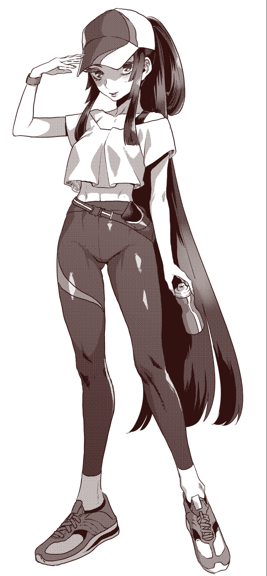 1girl absurdres baseball_cap bottle casual collarbone crop_top crop_top_overhang eyelashes fate/grand_order fate_(series) full_body greyscale hair_rings hat highres leggings long_hair long_legs looking_at_viewer midriff monochrome ponytail rokkotsu screentones shoes sidelocks single_strap sneakers solo ushiwakamaru_(fate/grand_order) very_long_hair watch watch water_bottle