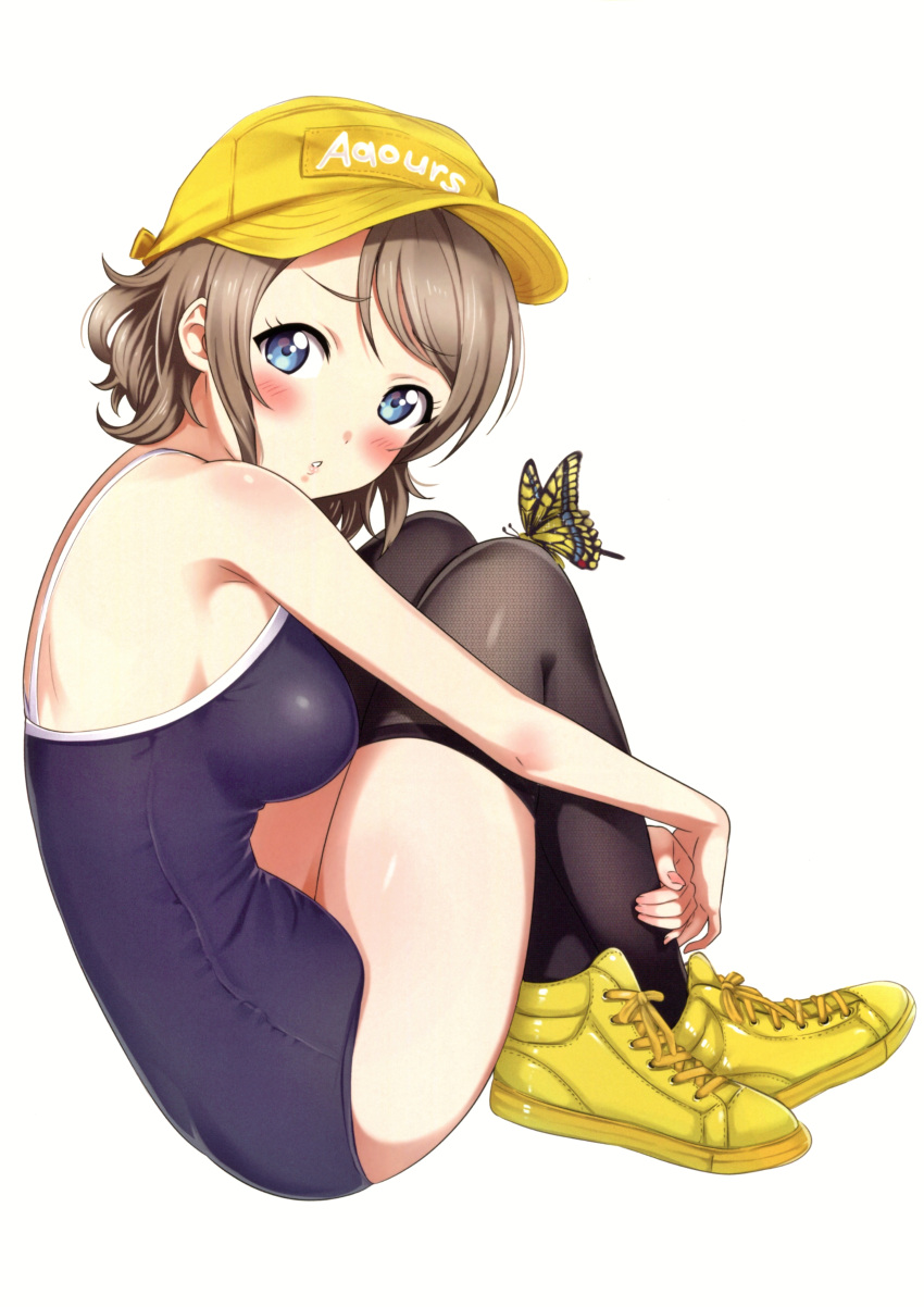 1girl absurdres bangs bare_shoulders baseball_cap black_legwear blue_eyes blue_swimsuit blush breasts bug butterfly butterfly_on_knee competition_school_swimsuit crossed_legs eyebrows_visible_through_hair from_side group_name hair_between_eyes hat headwear_writing highres insect knee_up leg_hug legs_together light_brown_hair love_live! love_live!_sunshine!! medium_breasts one-piece_swimsuit rozen5 scan shoes short_hair simple_background sitting sneakers solo swallowtail_butterfly swept_bangs swimsuit thigh-highs thighs watanabe_you white_background yellow_footwear yellow_headwear