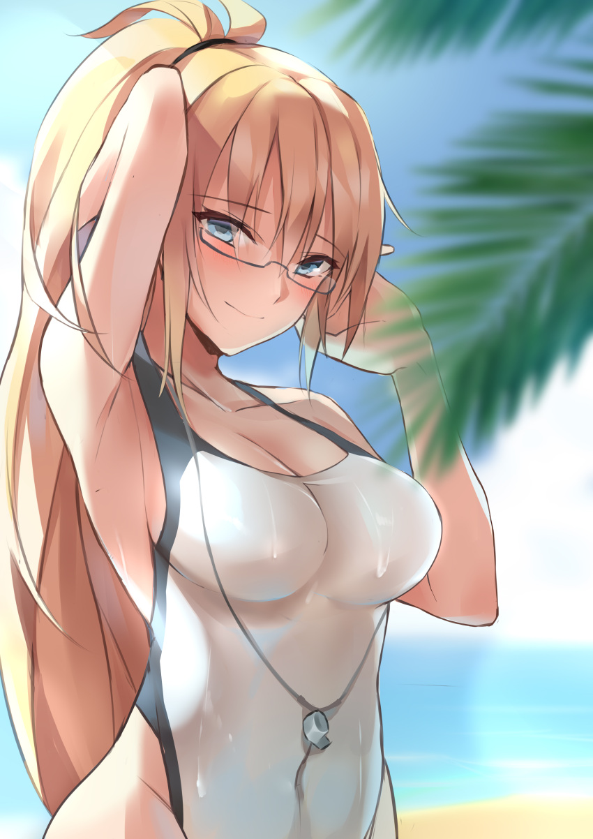 1girl absurdres arms_up beach blonde_hair blue_eyes blurry breasts competition_swimsuit cowboy_shot day depth_of_field fate/grand_order fate_(series) glasses highleg highleg_swimsuit highres jeanne_d'arc_(fate)_(all) jeanne_d'arc_(swimsuit_archer) large_breasts looking_at_viewer ocean one-piece_swimsuit outdoors pj ponytail smile solo swimsuit whistle whistle_around_neck white_swimsuit