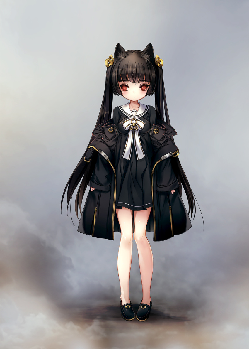 1girl animal_ear_fluff animal_ears black_coat black_dress black_footwear black_hair cat_ears cat_tail coat dress expressionless full_body grey_background highres hitomaru legs long_hair off_shoulder original red_eyes ribbon shoes short_dress simple_background solo tail twintails