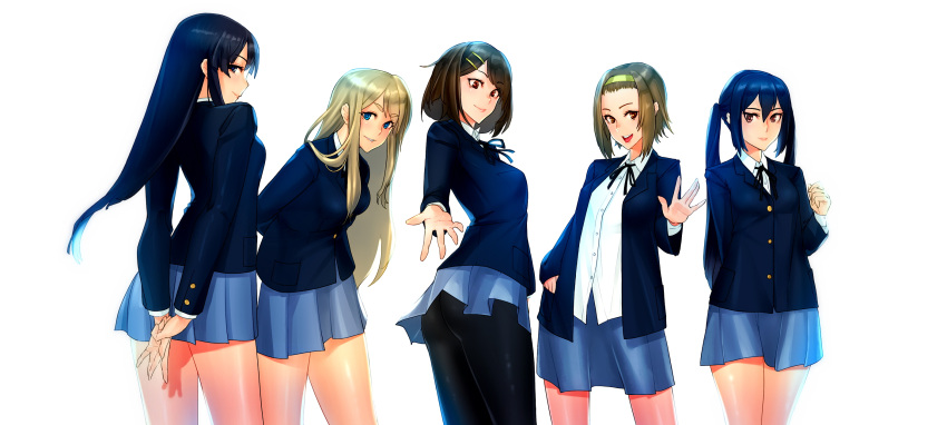 5girls akiyama_mio arms_behind_back ass backlighting black_hair black_legwear blazer blonde_hair blue_eyes blue_hair blue_skirt brown_eyes brown_hair commentary_request eyelashes hair_ornament hairband hairclip hand_in_pocket hand_up highres hirasawa_yui jacket k-on! korean_commentary kotobuki_tsumugi lips long_hair looking_at_viewer multiple_girls nakano_azusa open_clothes open_jacket outstretched_hand pantyhose parted_lips pleated_skirt red_eyes school_uniform simple_background skirt smile tainaka_ritsu thighs tsurime twintails very_long_hair waving white_background zcune