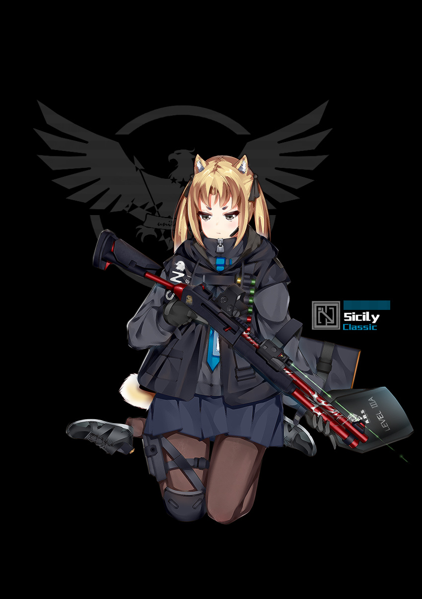 1girl absurdres animal_ears arknights benelli_m1014 black_background blonde_hair commentary doge gloves gun highres holding holding_gun holding_weapon laser_sight necktie original shoe_removed shotgun single_knee_pad sitting solo twintails wariza weapon yakumo_ling